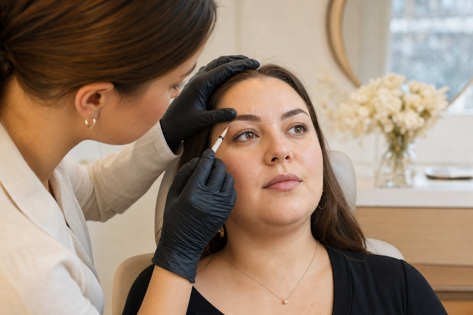 Permanent Make-up Augenbrauen für rundes Gesicht: Form weich planen in einem eleganten Berliner Beauty-Studio
